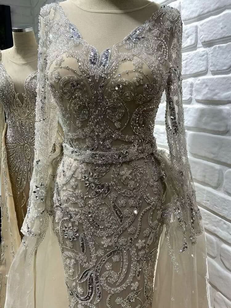 Elegant V-Neck Long Sleeve Sequin Appliqued A-Line Prom Dress BM bride