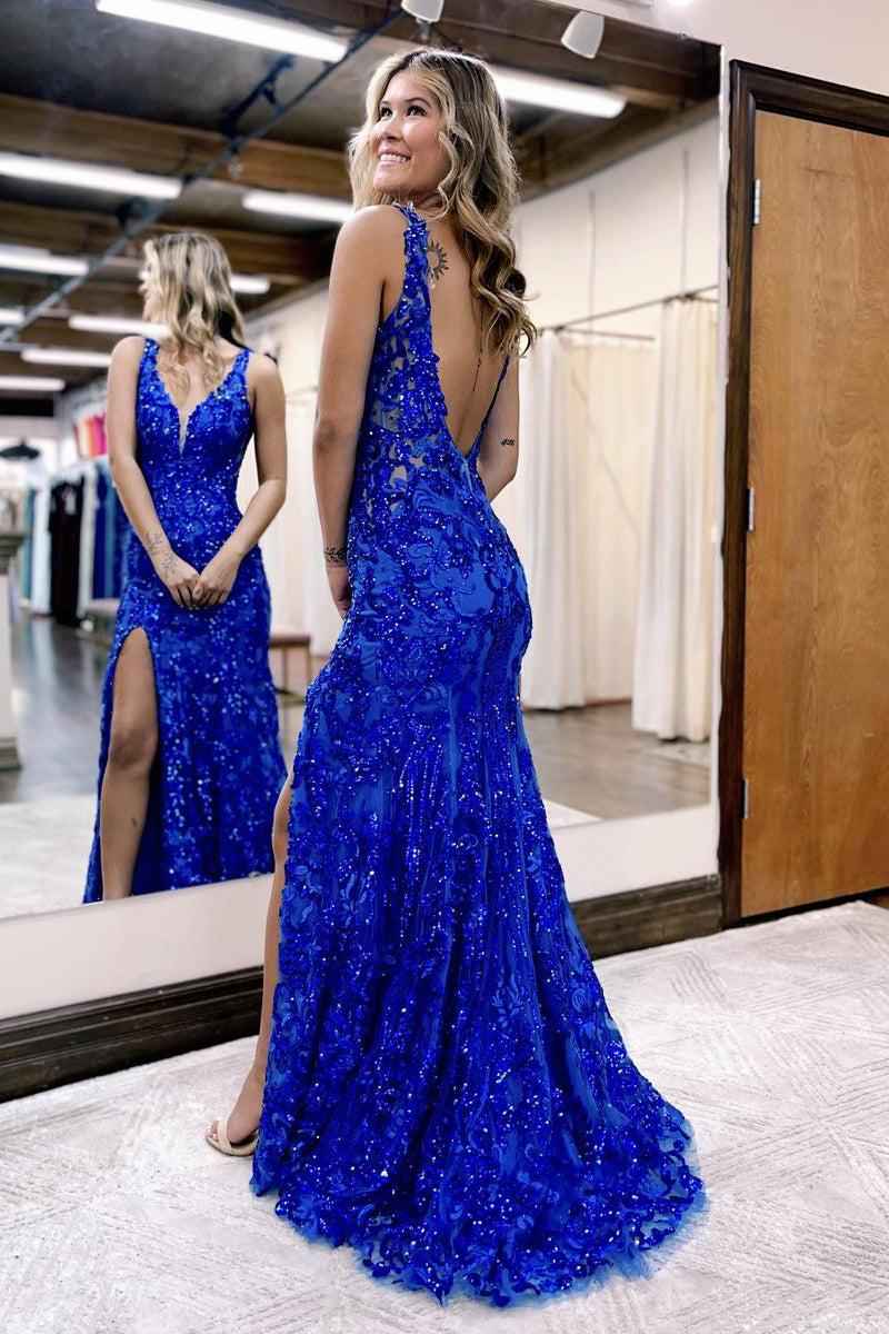 Royal Blue Strap Backless Sleeveless Beadings Long Prom Dress With Split