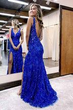 Royal Blue Strap Backless Sleeveless Beadings Long Prom Dress With Split