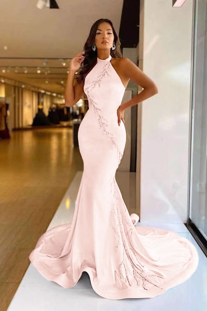 Elegant High Neck Pink Mermaid Prom Dress with Appliqued BM bride