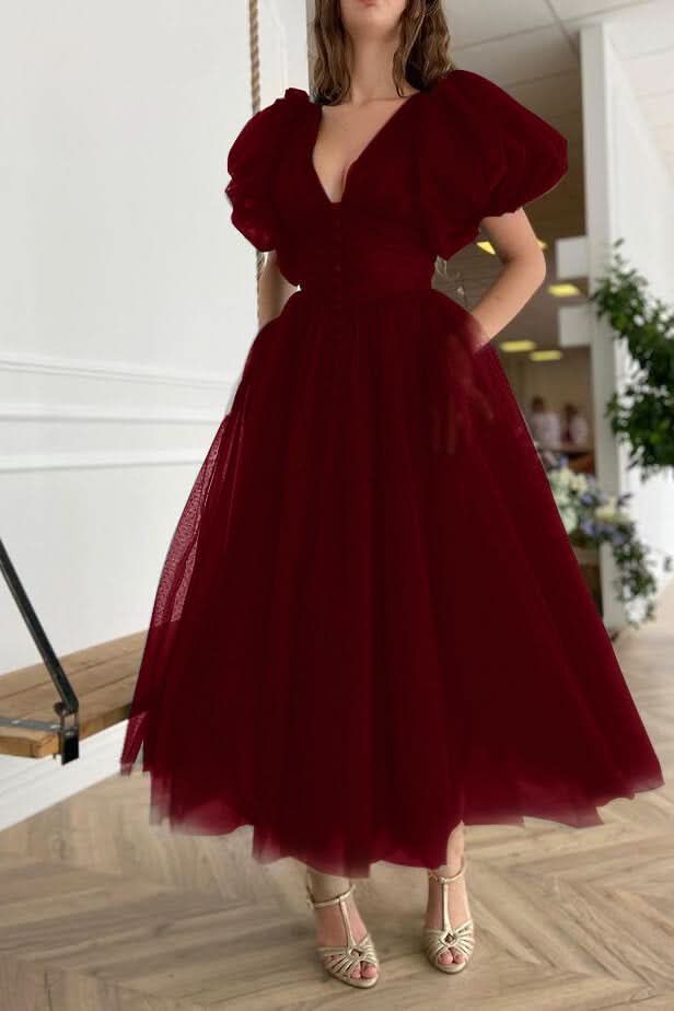 Dark Green V-Neck Evening Dress A-Line with Short Sleeves on Sale BM bride