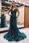Sequins A-Line Evening Dress with Appliques, Tulle, and Spaghetti Straps BM bride