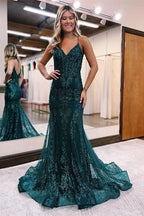 Sequins A-Line Evening Dress with Appliques, Tulle, and Spaghetti Straps BM bride