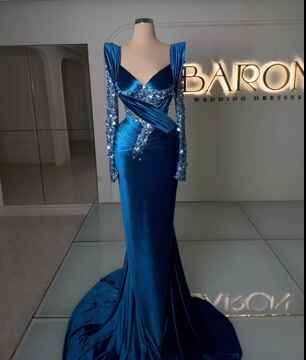 Prom Dress Royal Blue Long Sleeves Mermaid Charmeuse Beading
