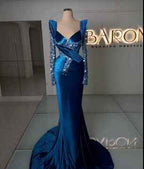 Prom Dress Royal Blue Long Sleeves Mermaid Charmeuse Beading