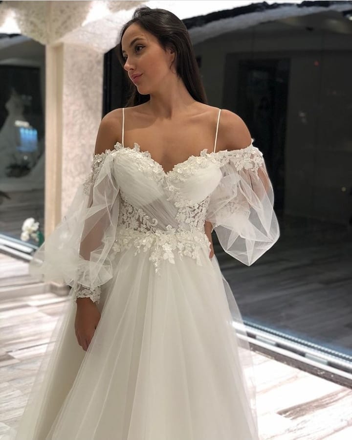 A-Line Off-the-Shoulder Long Sleeve Spaghetti Strap Wedding Dress with Lace Appliques and Tulle BM bride