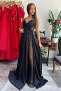 Black Long Prom Dress with Slit V-Neck with Pleats BM bride