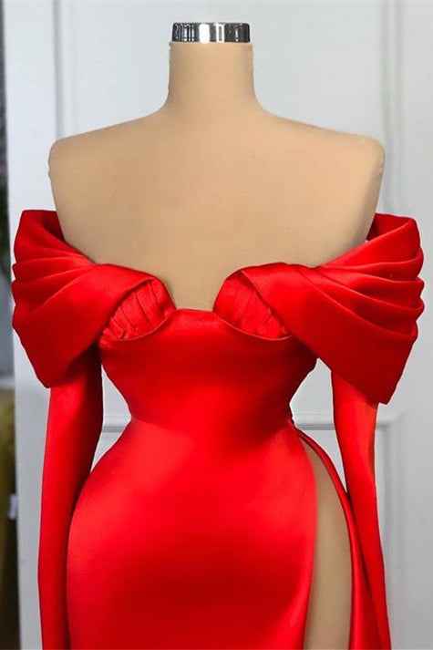 Charming Long Sleeves Red High Split Prom Dress Off the Shoulder Mermaid
