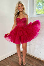Sparkly Pink Corset Tiered Short A-Line Tulle Homecoming Dress with Lace Bmbride