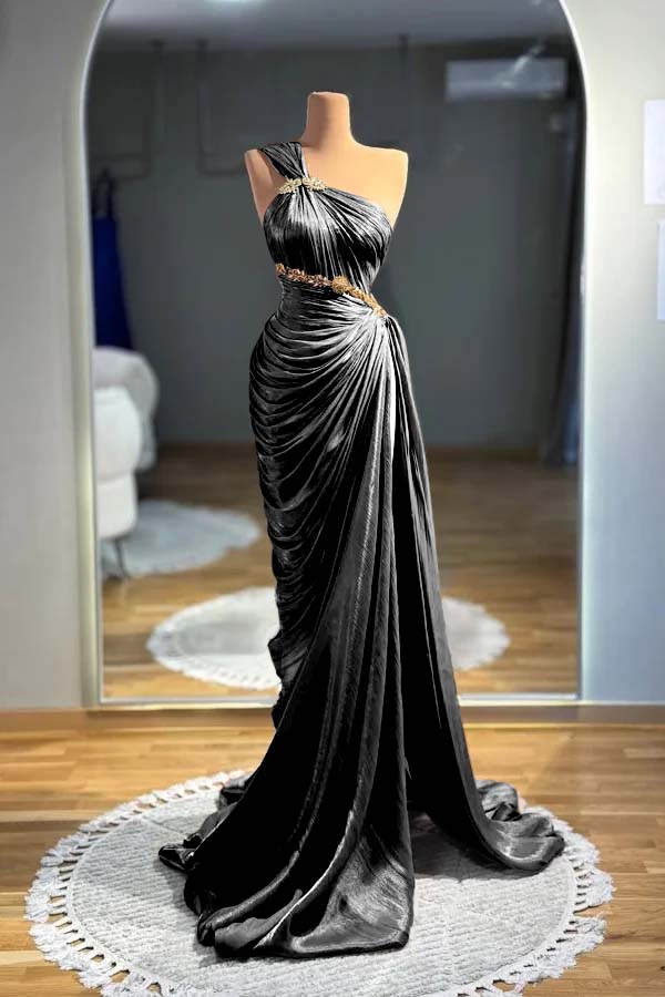 One Shoulder Sleeveless Long Mermaid Prom Dress With Pleated BMBRIDE