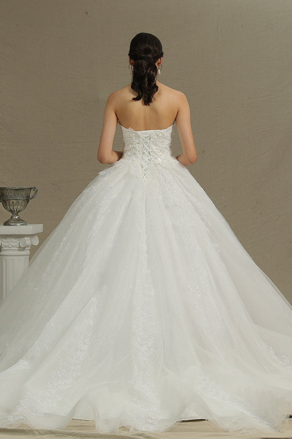 Off-the-Shoulder Sweetheart Ball Gown Wedding Dress with Lace Appliques BM bride