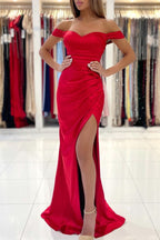 Red Off-The-Shoulder Sweetheart Mermaid Evening Dress with Slit Pleats BM bride