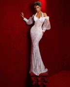 Exquisite Halter White Long Sleeves Mermaid Prom Dress With Beading