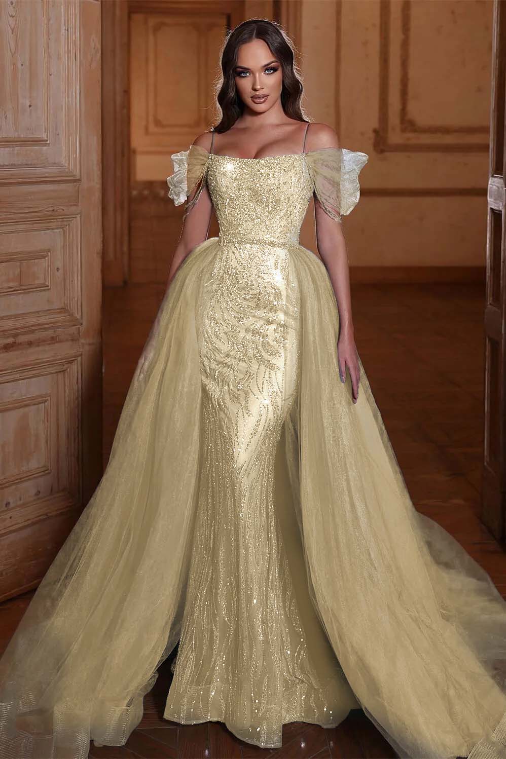 Off the Shoulder Mermaid Prom Dress Tulle Ruffles With Appliques