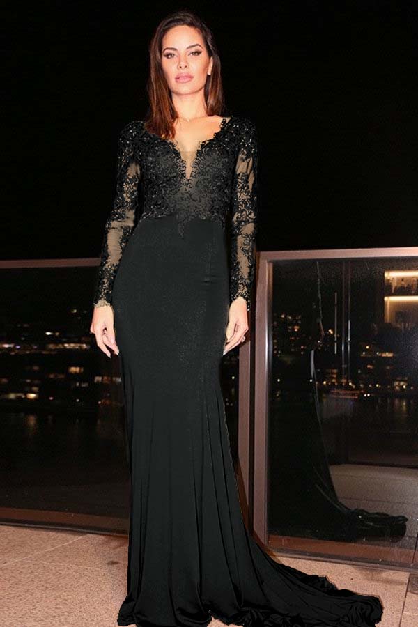 Long Sleeves Long Mermaid Prom Dress With Pleated Appliques BMBRIDE