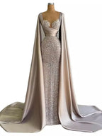 Gorgeous Pink Beaded Mermaid Evening Dress with Removable Cape BM bride