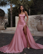 Pink Strapless Sleeveless Slit Prom Dress with Detachable Skirt BM bride