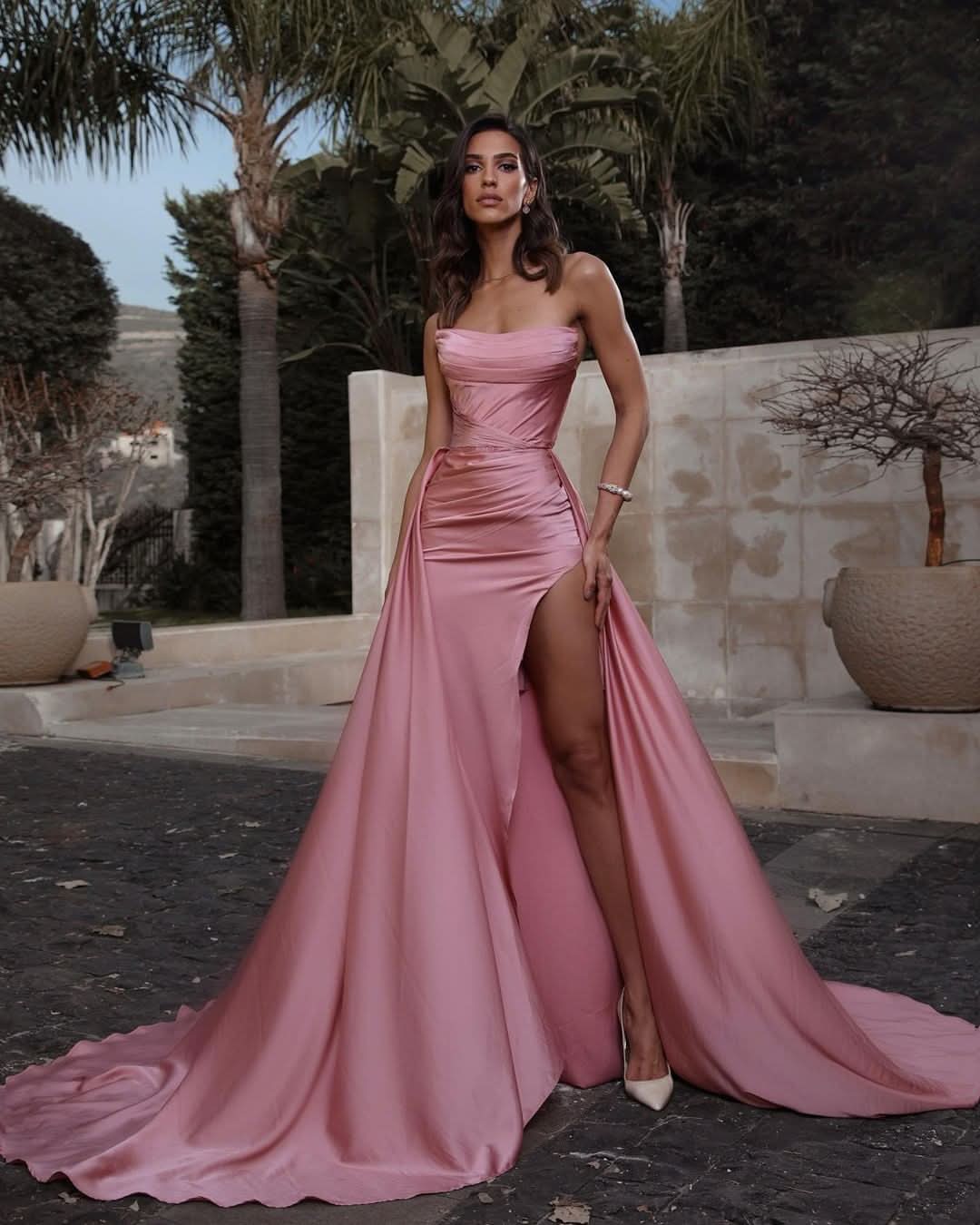 Pink Strapless Sleeveless Slit Prom Dress with Detachable Skirt BM bride
