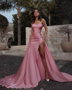 Pink Strapless Split Sleeveless Pleated Prom Dress With Detachable Skirt
