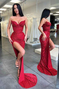 Burgundy Sequins Long Strapless Sleeveless Mermaid Prom Dress With Split