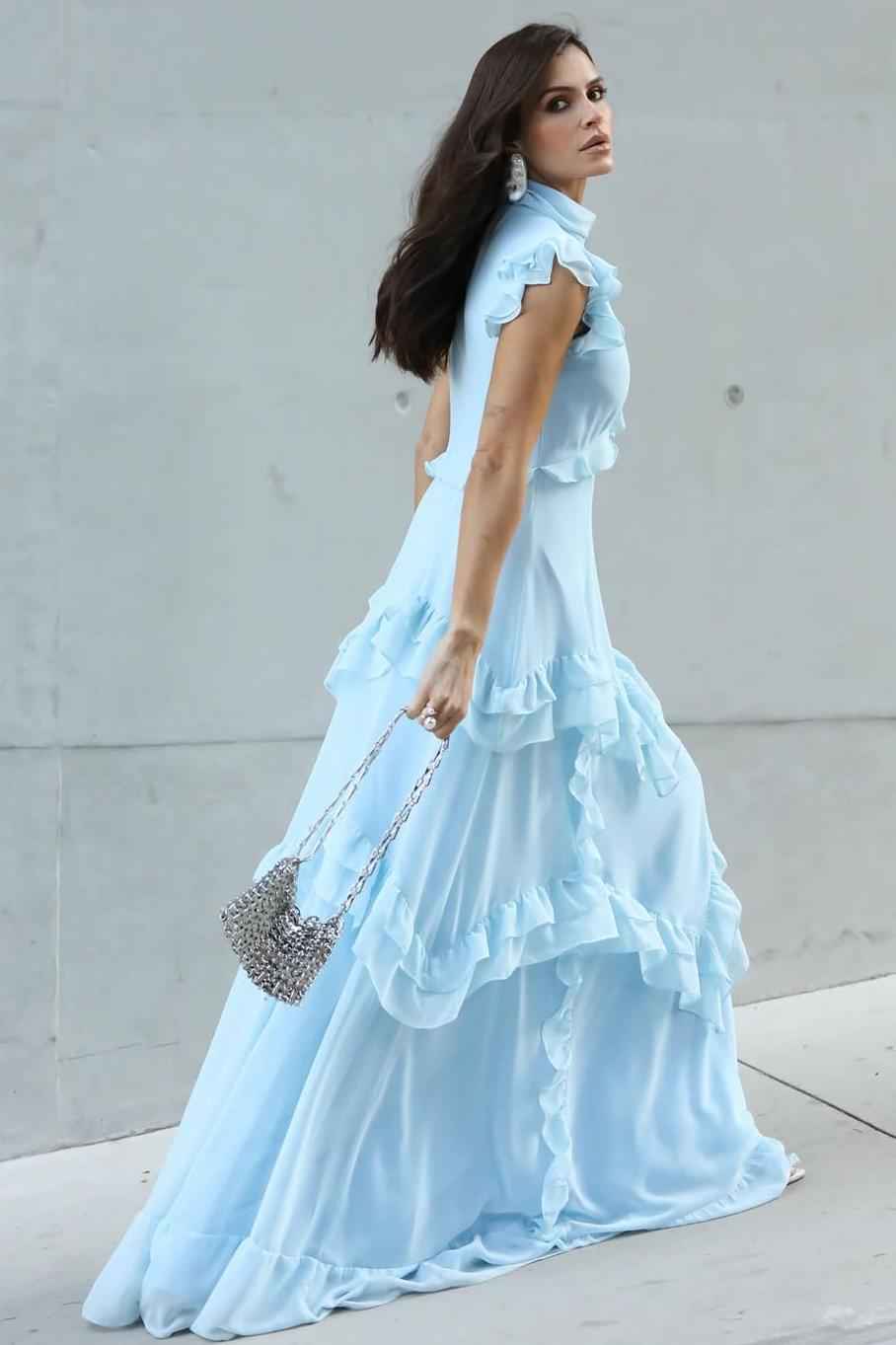 Chic Chiffon High Neck Sleeveless Long Prom Dress With Ruffles