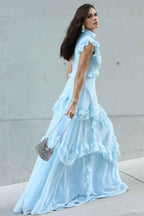 Chic Chiffon High Neck Sleeveless Long Prom Dress With Ruffles