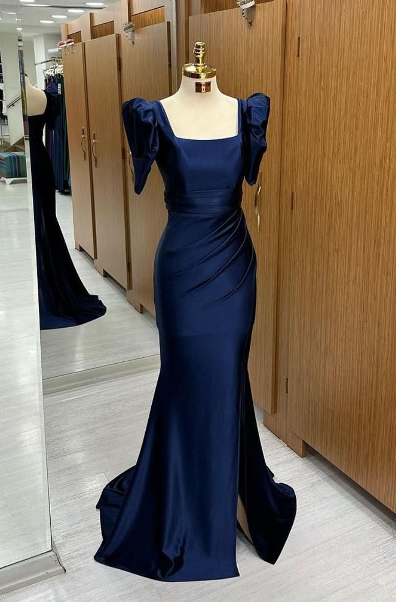 Royal Blue Square Neck Long Mermaid Prom Dress with Bubble Sleeves and Slit BM bride