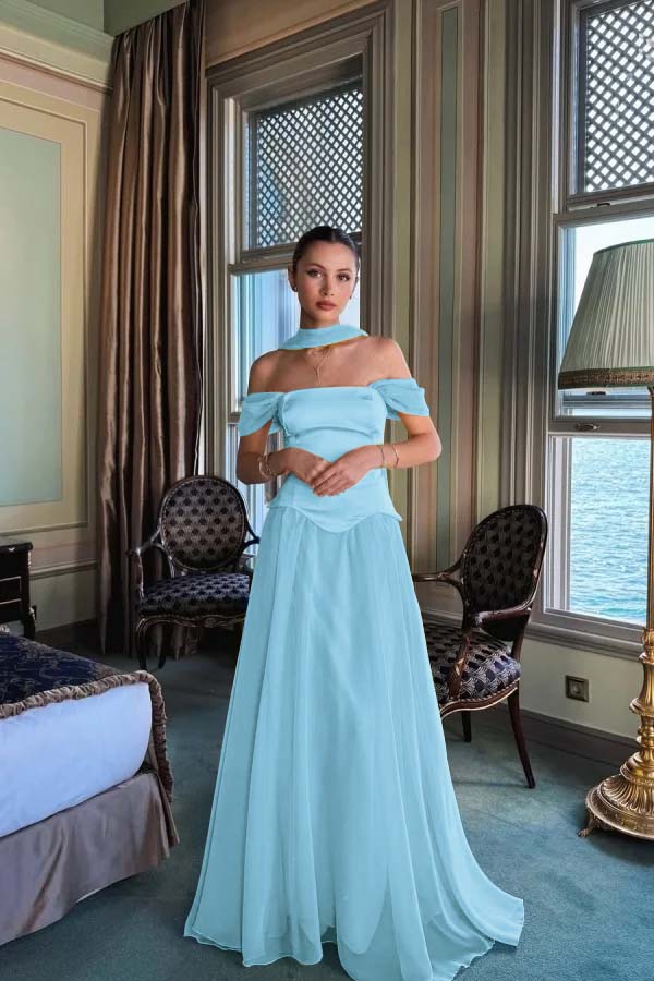 Stunning Off the Shoulder Sleeveless Long Prom Dress With Pleated