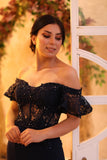 Off-the-Shoulder Strapless Appliqued Beaded Mermaid Prom Dress with Split BM bride