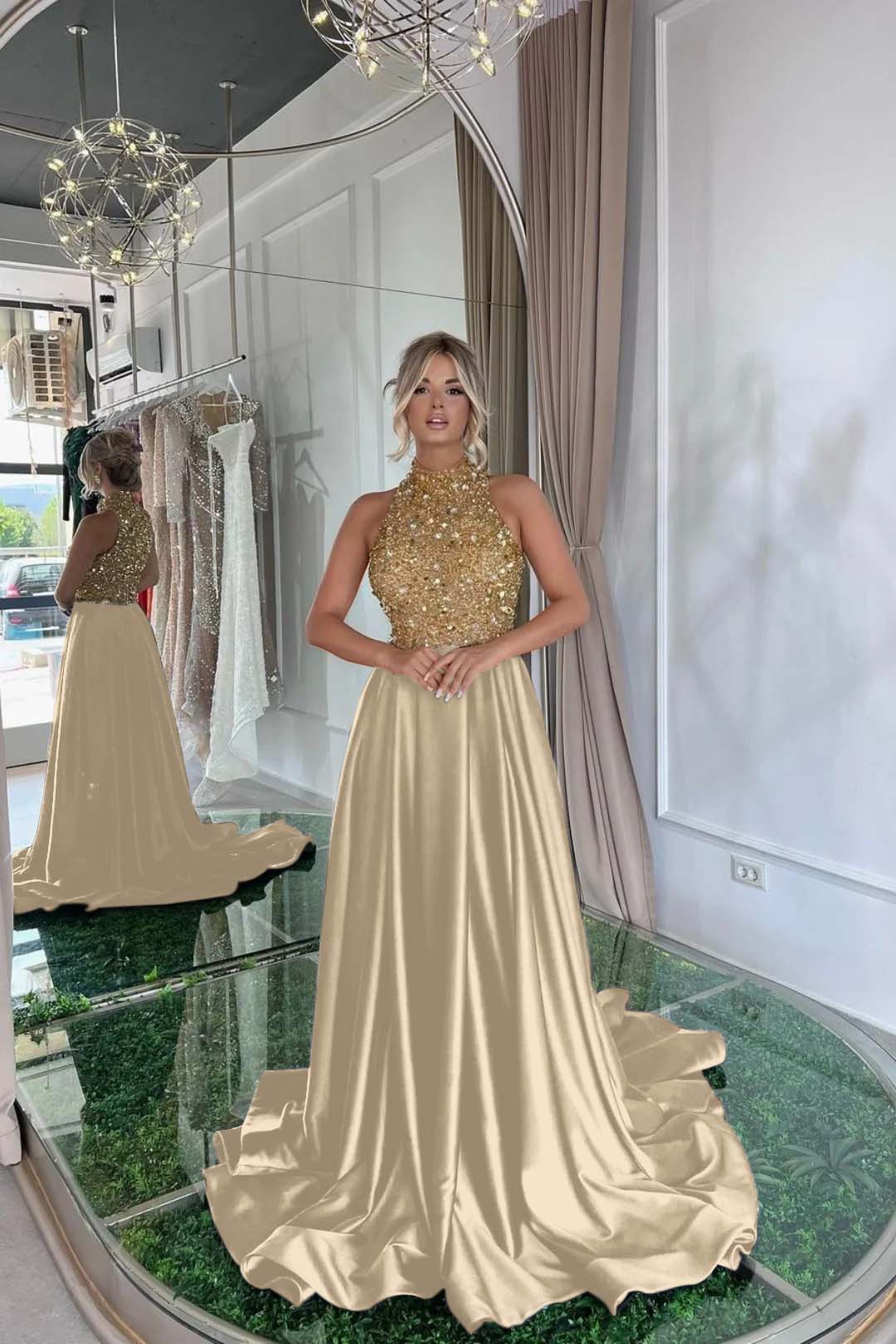 Elegant Sequins Prom Dress Gold Black Long Sleeveless Halter