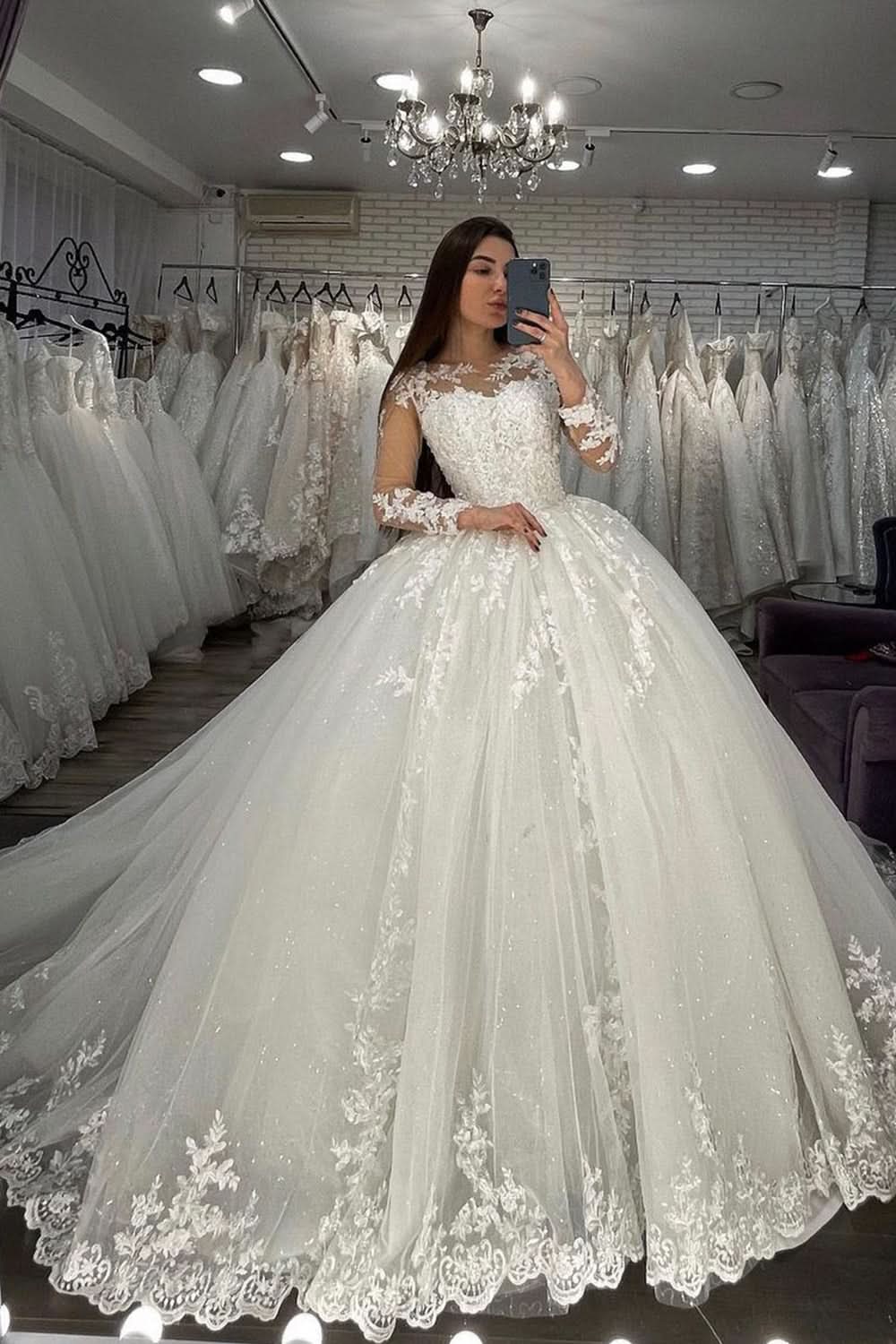 Sheer Tulle Ball Gown Wedding Dress With Long Sleeves Appliques BM bride