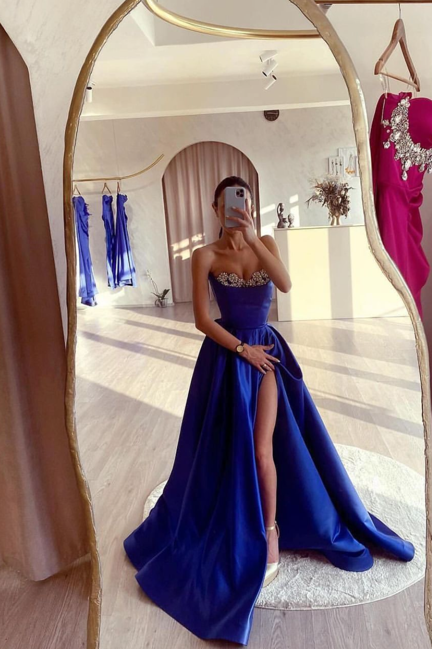 Strapless Sleeveless Long Split Prom Dress With Pleated Beading
