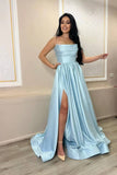 Baby Blue Spaghetti-Strap Charmeuse A-Line Prom Dress with Split BM bride
