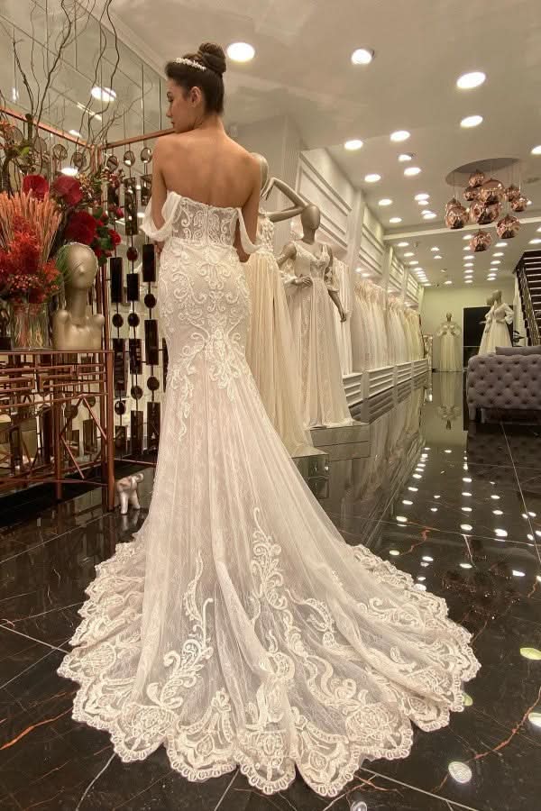 Off-the-shoulder Long Mermaid Wedding Dress With Tulle Lace BM bride