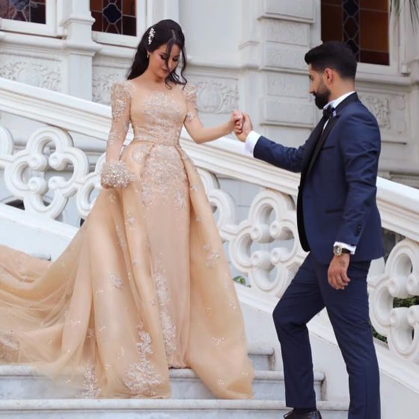 Long Sleeve Bateau Detachable Tulle Wedding Dress BM bride