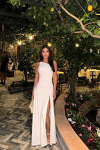 White One Shoulder Sleeveless Pleated Long Prom Dress With Split