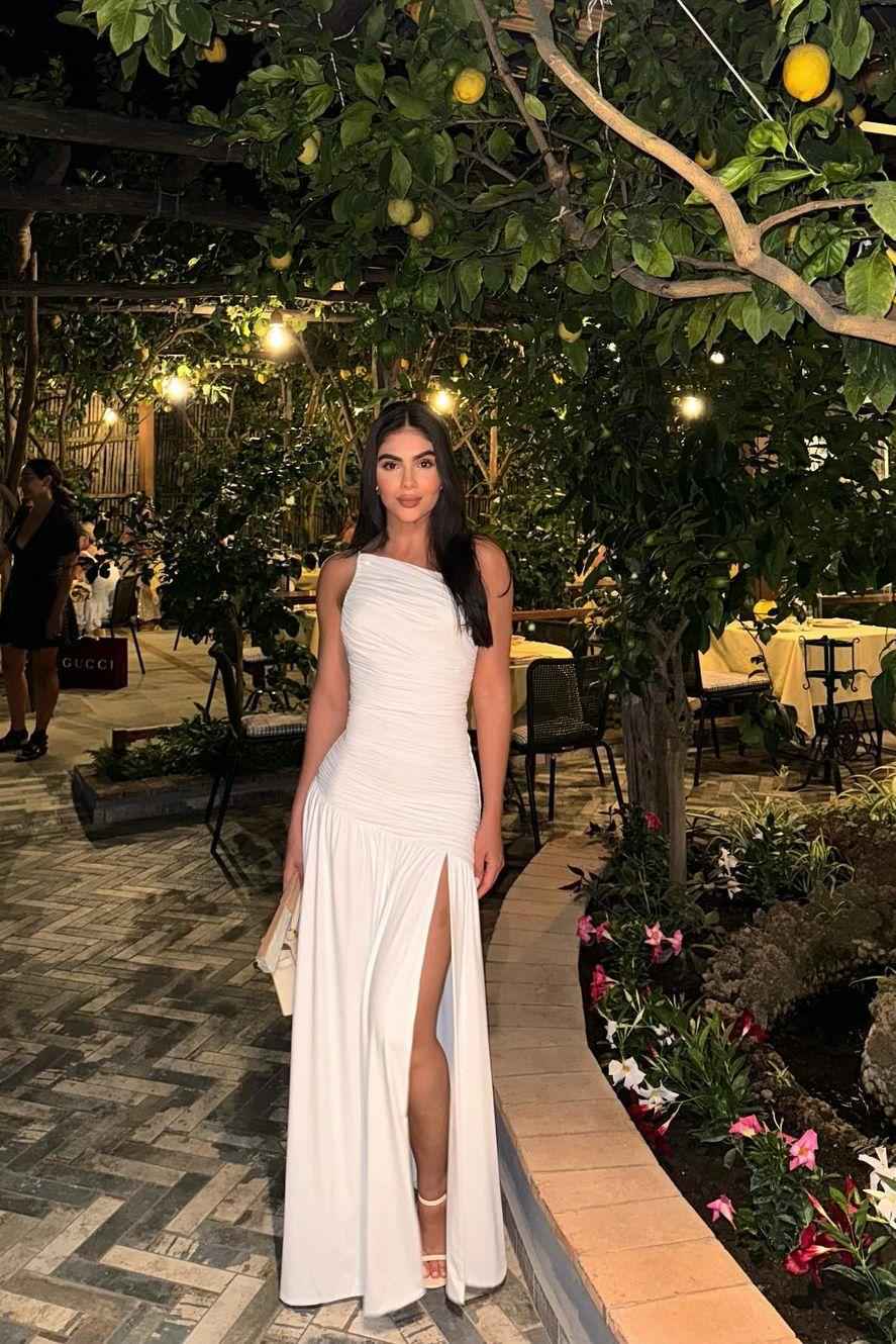 White One Shoulder Sleeveless Pleated Long Prom Dress With Split