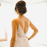 Long A-Line Spaghetti Strap Sleeveless Wedding Dress with Tulle Lace BM bride