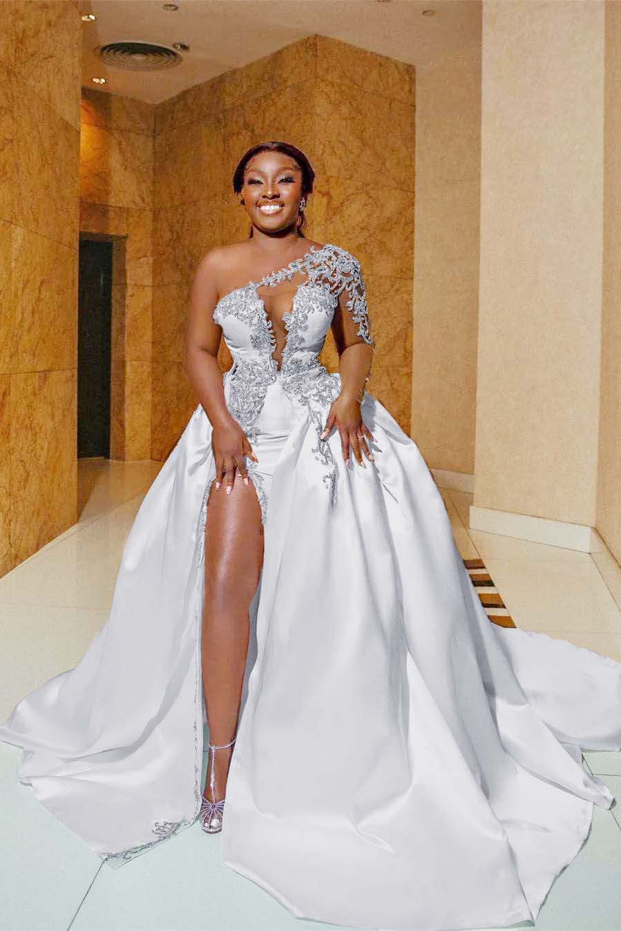One Shoulder Sleeveless Long Split Prom Dress With Appliques BMBRIDE