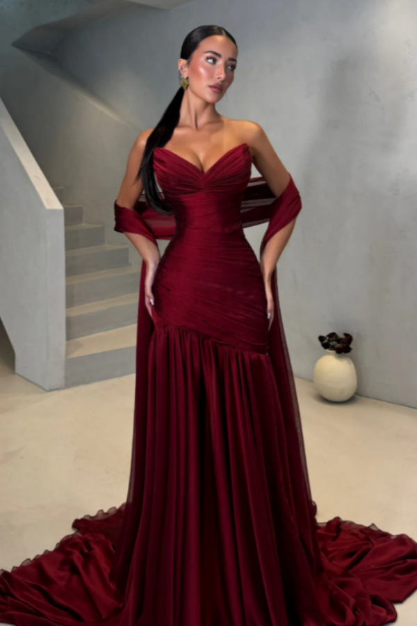 Chiffon Strapless Sleeveless Long Mermaid Prom Dress With Pleated BMBRIDE