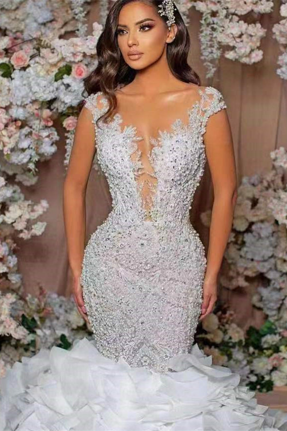 Glamorous Cap Sleeve Mermaid Wedding Dress with Lace Appliques and Ruffle BM bride
