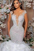 Glamorous Cap Sleeve Mermaid Wedding Dress with Lace Appliques and Ruffle BM bride