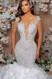 Glamorous Cap Sleeve Mermaid Wedding Dress with Lace Appliques and Ruffle BM bride