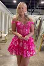 Sparkly Fuchsia Tiered Lace A-Line Short Homecoming Dress Bmbride