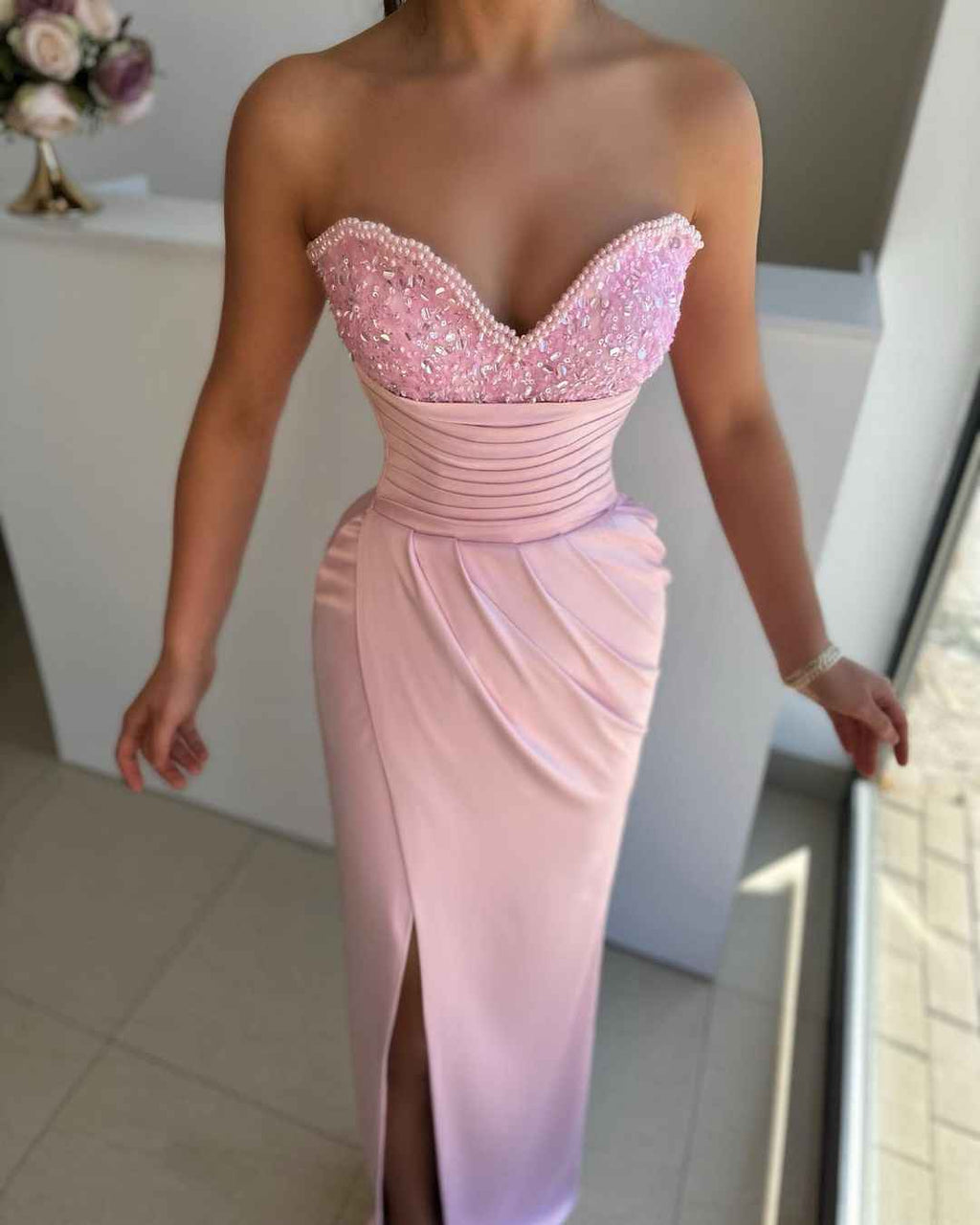 Sweetheart Sleeveless Light Blue Prom Dress Front Split With Beads