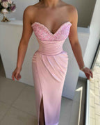 Sweetheart Sleeveless Light Blue Prom Dress Front Split With Beads
