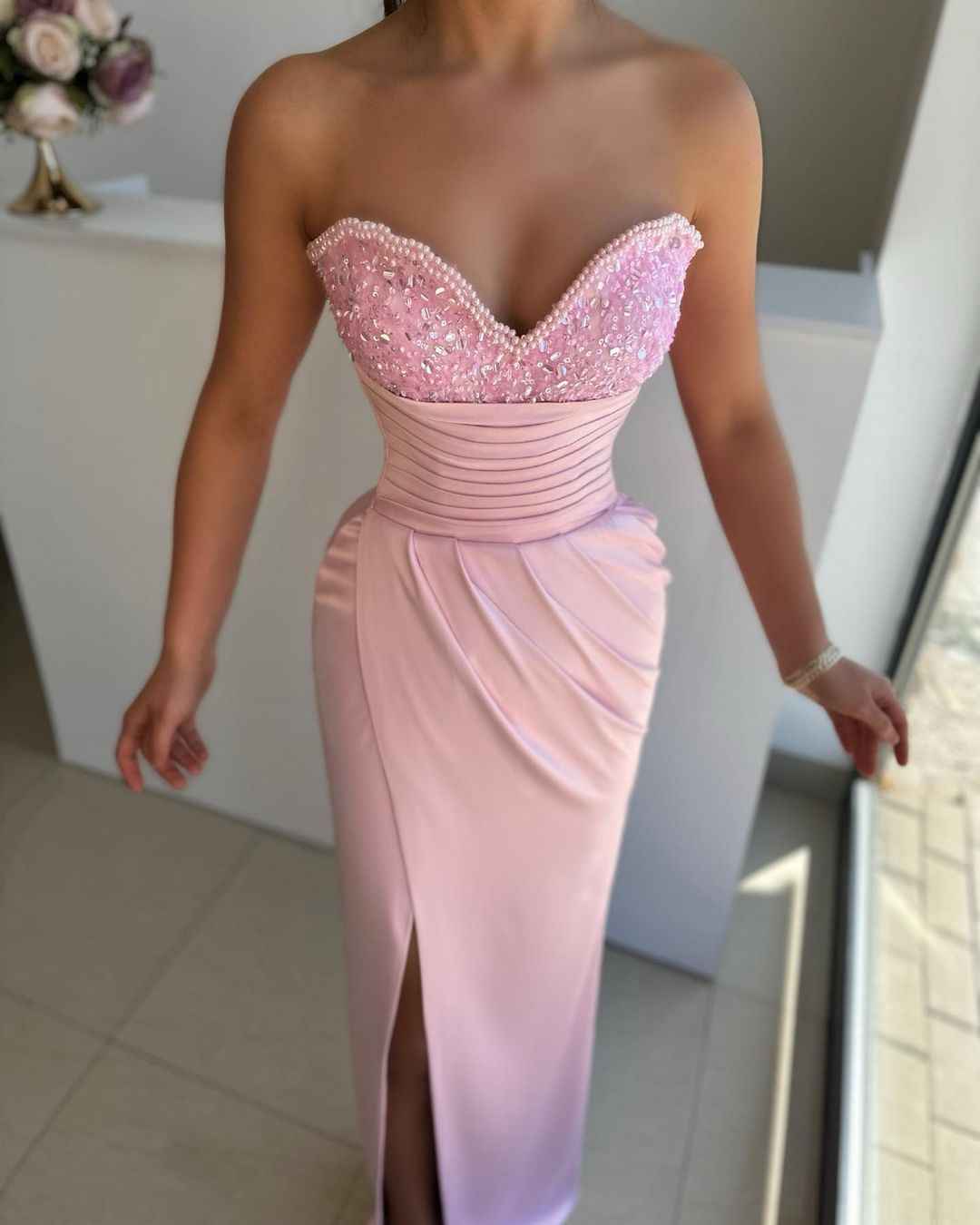 Sweetheart Sleeveless Light Blue Prom Dress Front Split With Beads