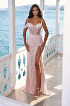 Stunning Pink One Shoulder Mermaid Prom Dress with Sequins Split BM bride