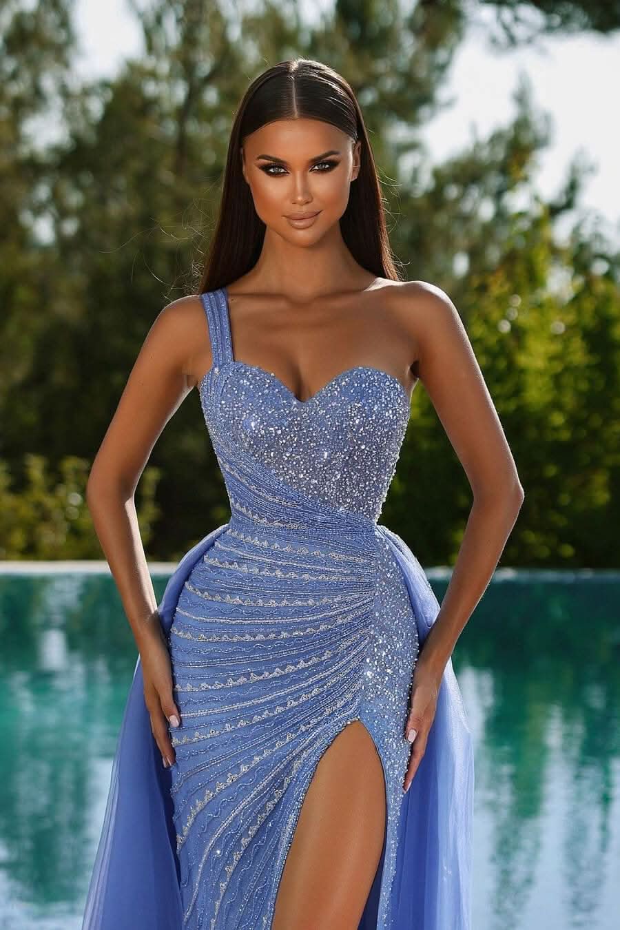 Luxurious One Shoulder Blue Mermaid Evening Dress with Split, Beadings, and Overskirt BM bride