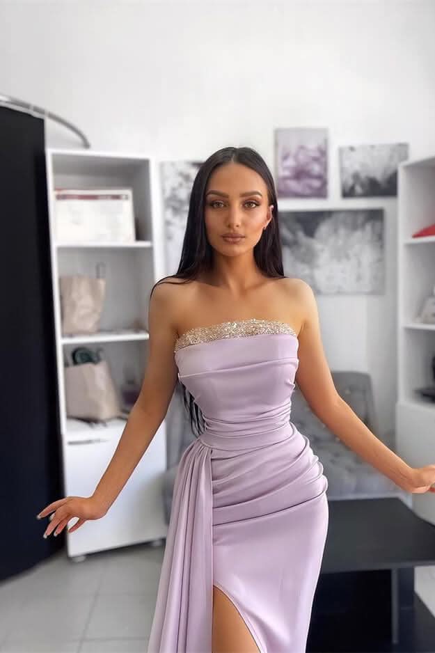 Elegant Lavender Off-the-Shoulder Evening Dress with Pleated Applique Slit BM bride